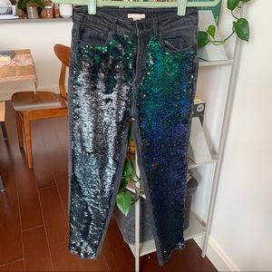 H&M Sequined Grey Jeans - Black/Green/Turquoise sequins - Size 4